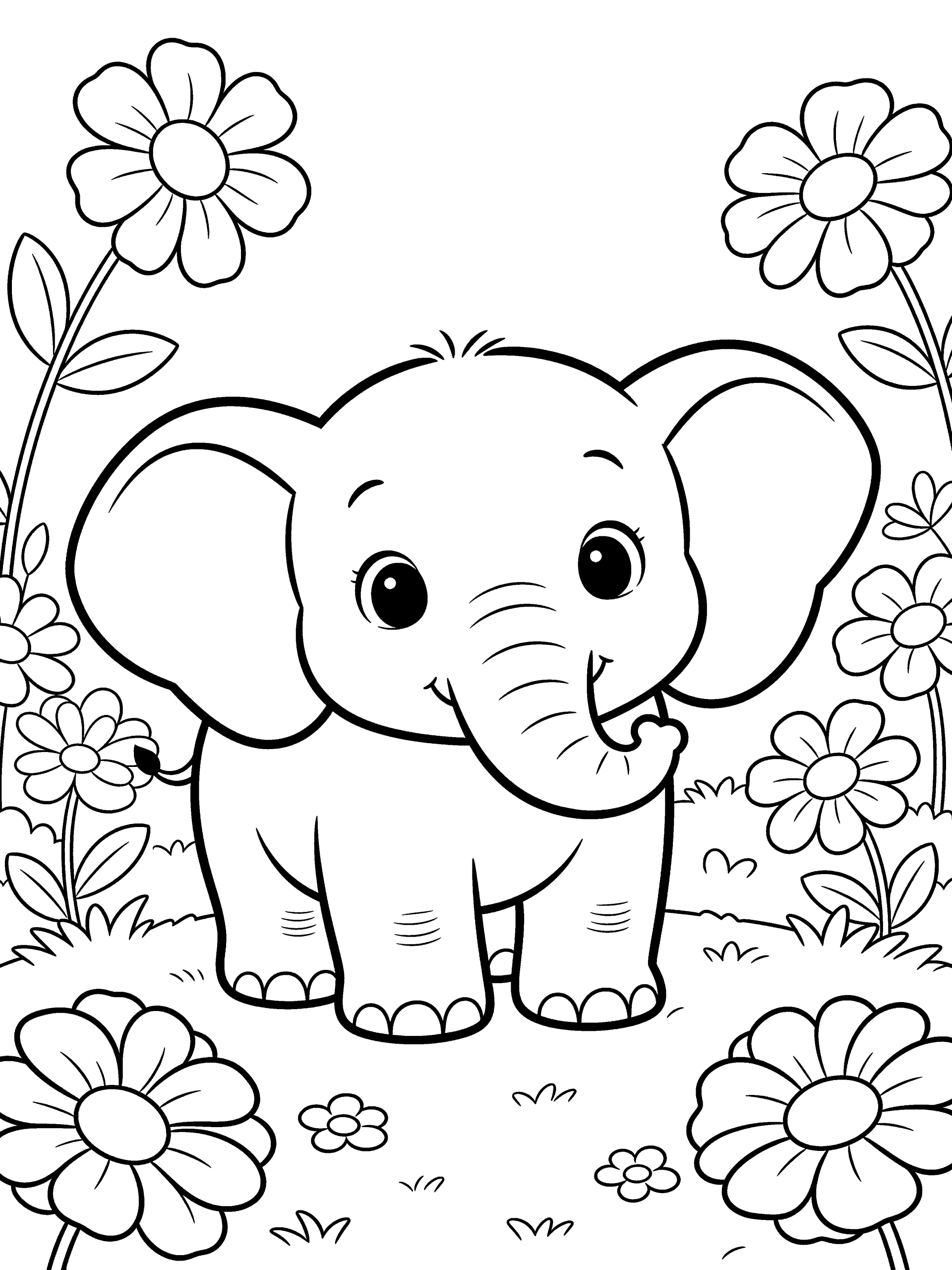 Baby Elephant Coloring Page – free printable black and white line art