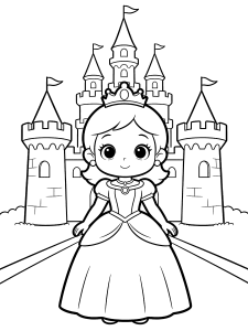 Princess and Castle Coloring Page – free printable black and white line art