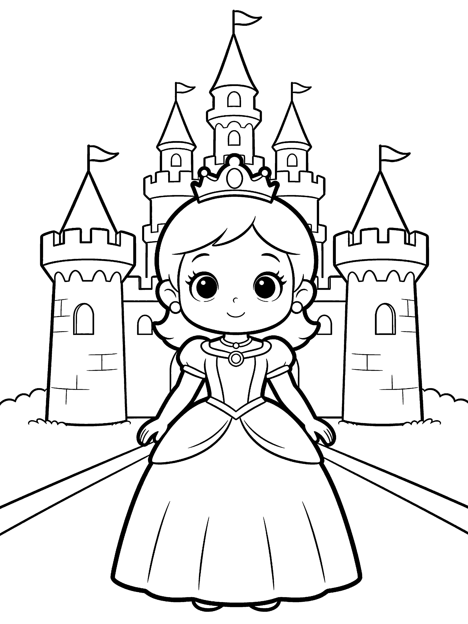 Princess and Castle Coloring Page – free printable black and white line art