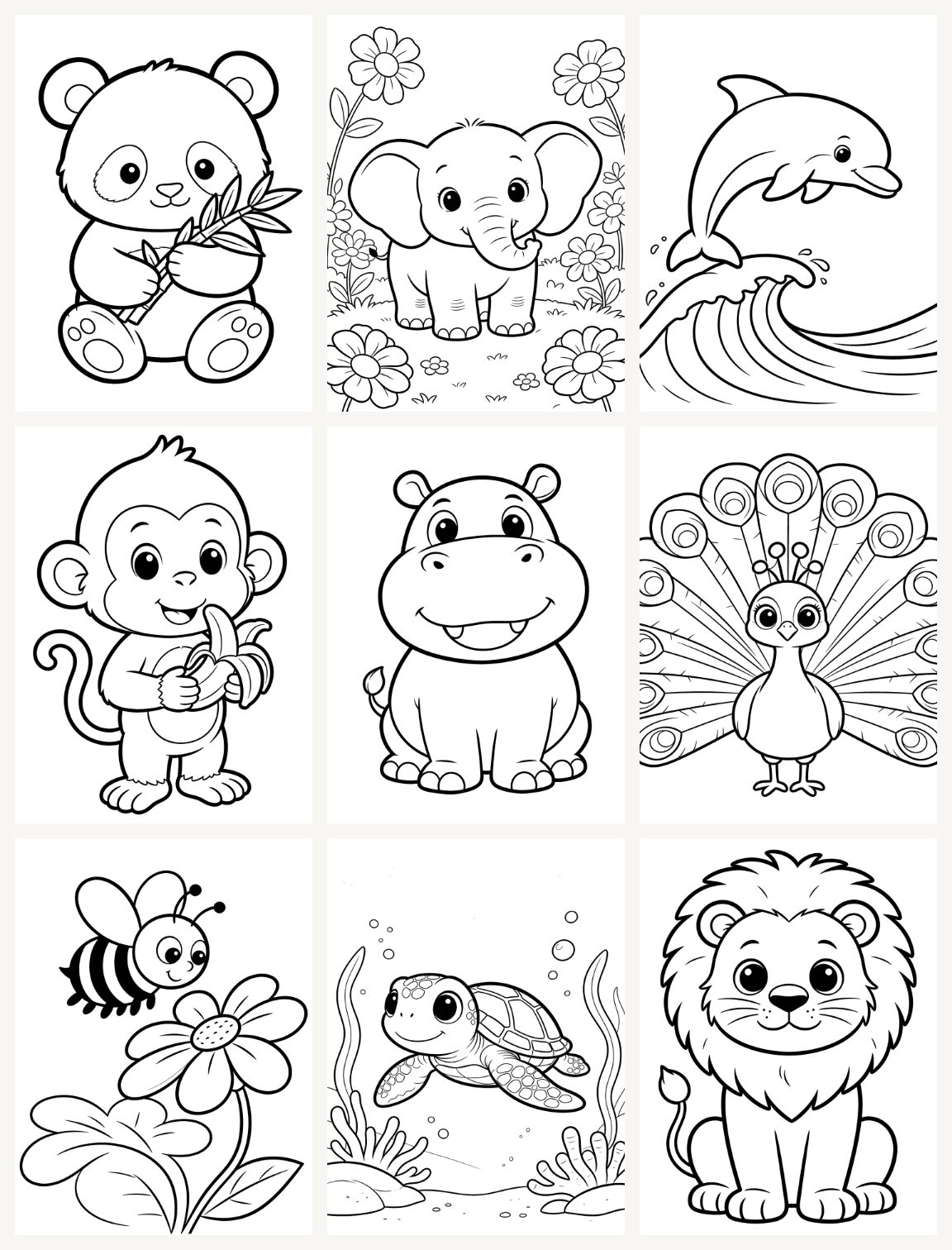 Preview of 9 pages from The Big Animal Coloring Book — clean black line art