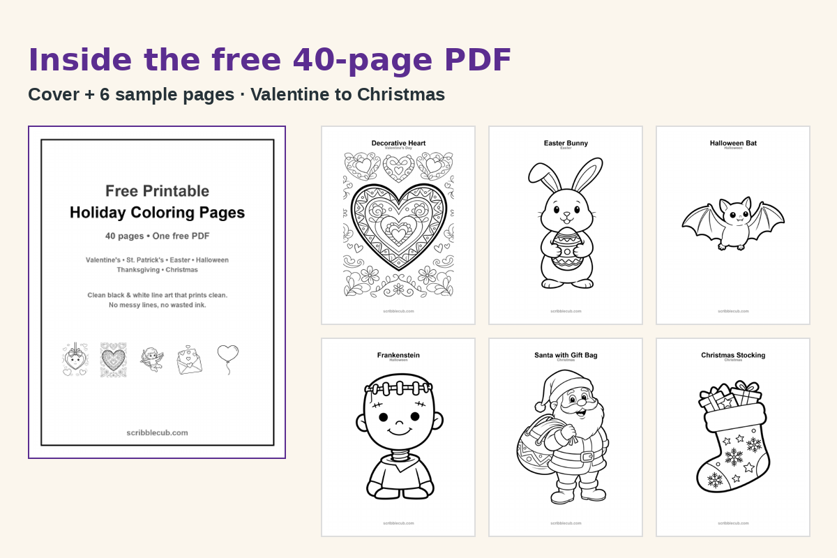 Preview of the free 40-page holiday coloring PDF: cover plus six sample pages including Valentine hearts, Easter bunny, Halloween bat, Santa and a Christmas stocking