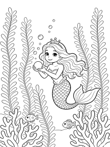 Mermaid Princess Under the Sea Coloring Page – free printable black and white line art