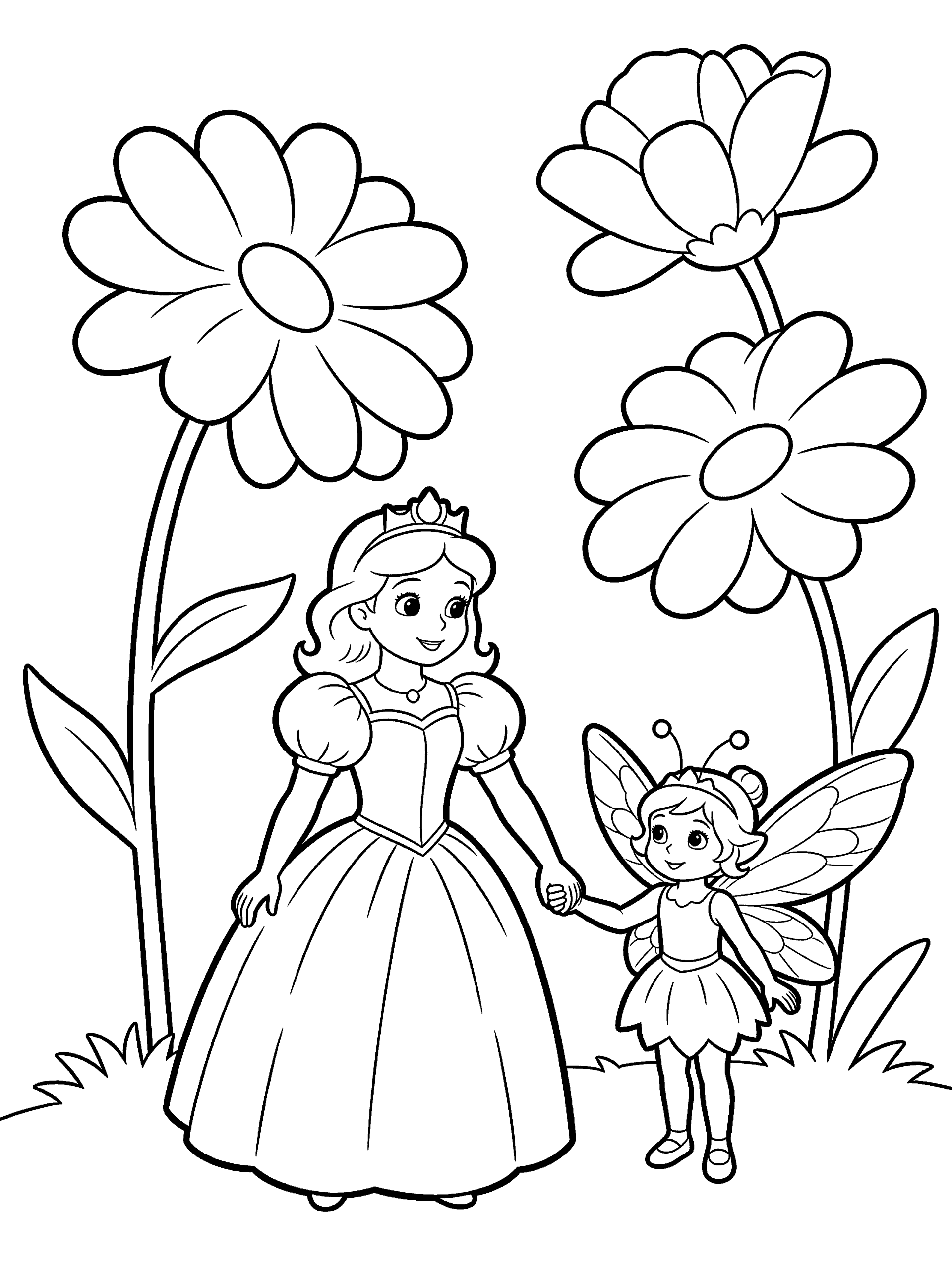Princess and Fairy Coloring Page – free printable black and white line art
