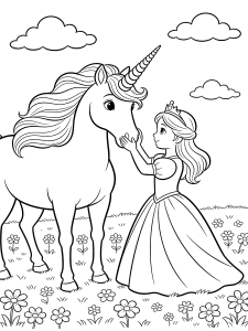 Princess and Unicorn in a Meadow Coloring Page – free printable black and white line art