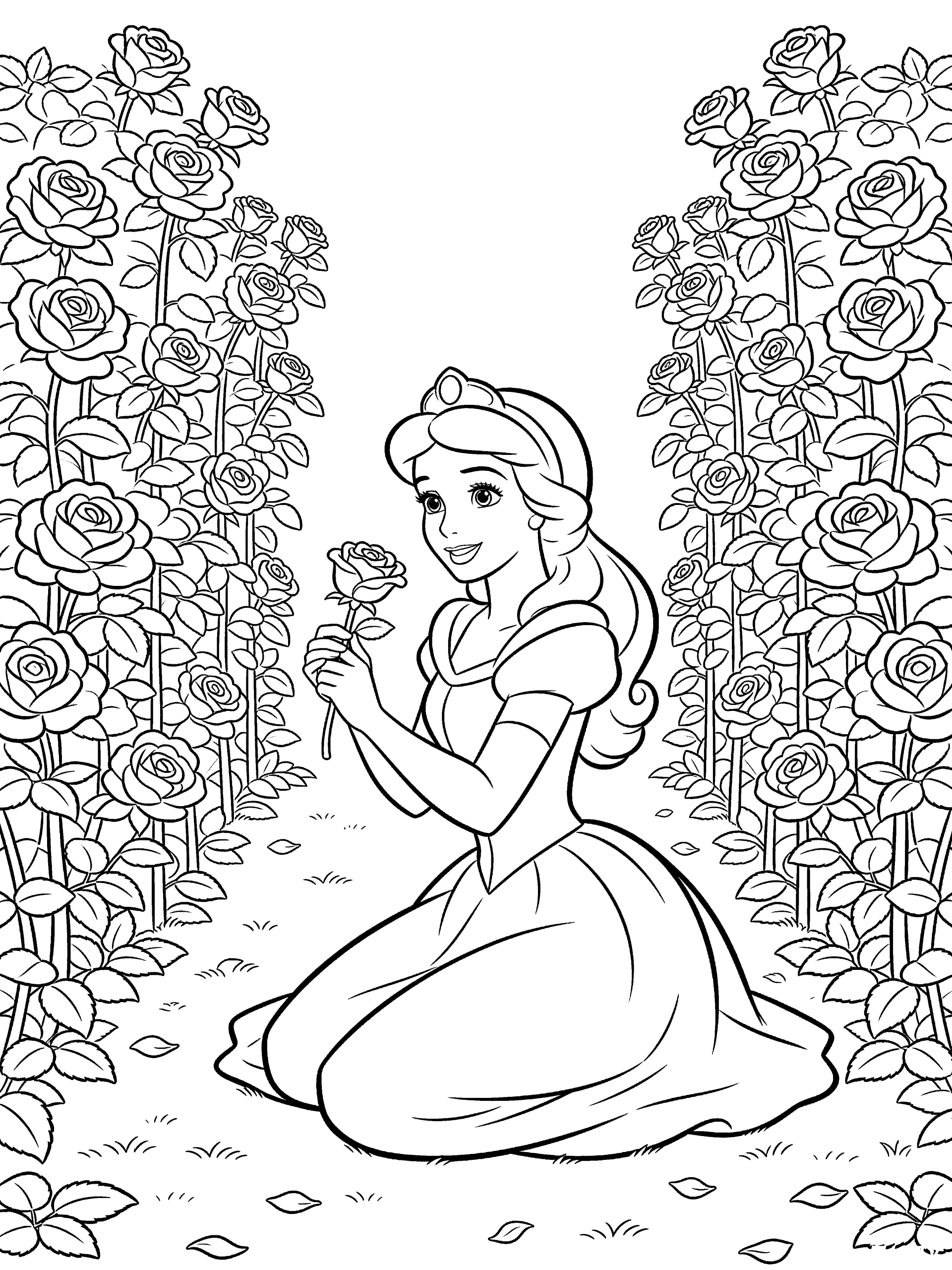 Princess in a Rose Garden Coloring Page – free printable black and white line art