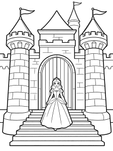 Princess on the Castle Steps Coloring Page – free printable black and white line art