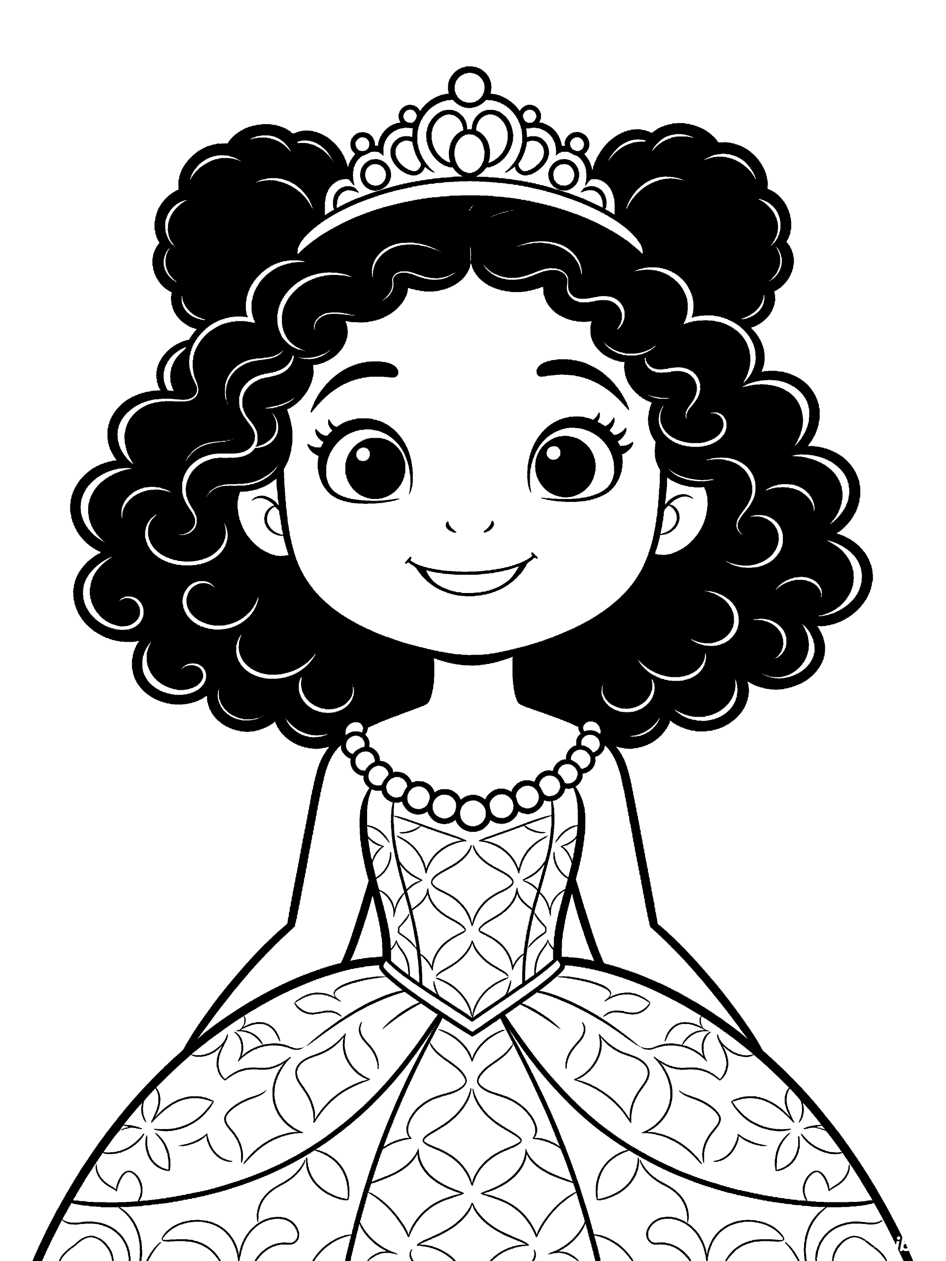 Princess with Natural Curls Coloring Page – free printable black and white line art