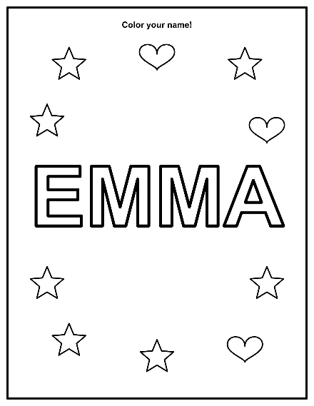 Free printable name coloring page for the name Emma with a unicorns and stars theme