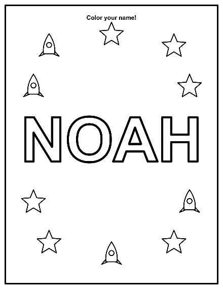 Free printable name coloring page for the name Noah with a space and rockets theme