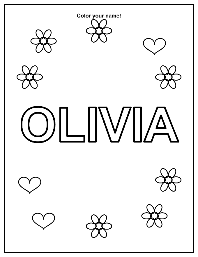 Free printable name coloring page for the name Olivia with a flowers theme